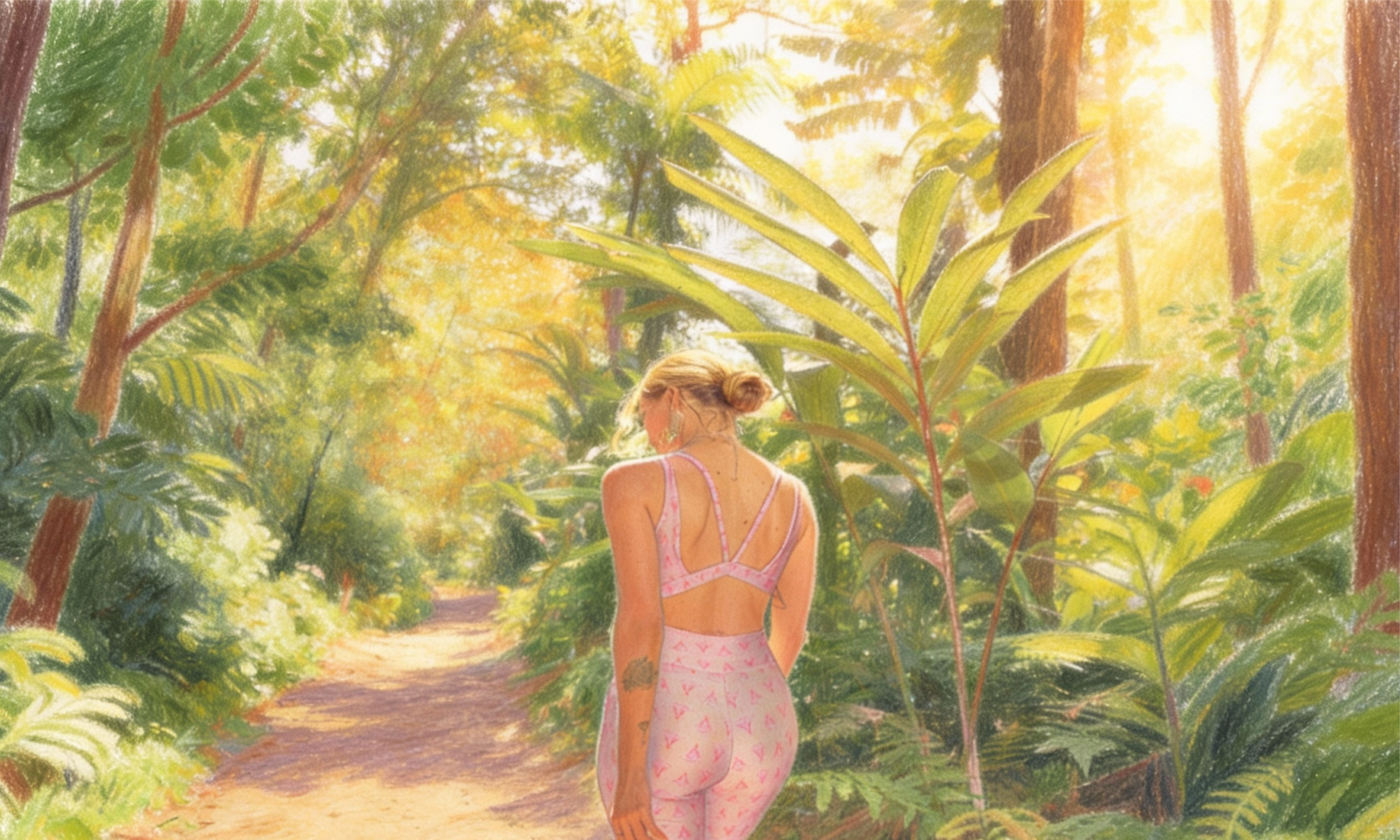 Woman walking through a tropical forest with sunlight filtering through the trees in athleisure